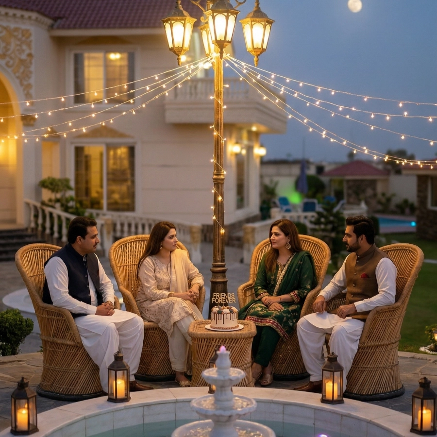 Friends celebrating at AH Royal Resort Islamabad with a 'Friends Forever' cake, string lights, and a scenic outdoor setting by the fountain for a cozy birthday evening.