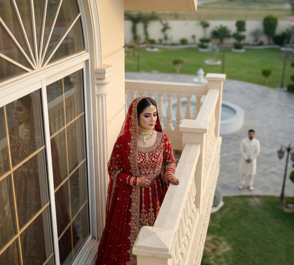 Bride posing elegantly on a balcony during a bridal photoshoot for a stunning wedding album at AH Royal Resort