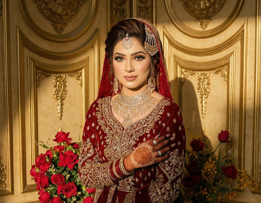 Bride in red wedding dress posing at AH Royal Resort Islamabad with elegant gold backdrop and floral décor for bridal photoshoot