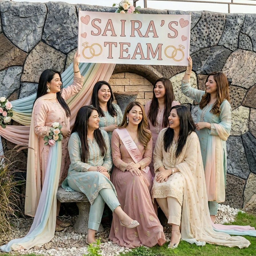 Bride-to-be celebrating with friends holding bridal shower sign at AH Royal Resort, perfect venue for pre-wedding events in Islamabad