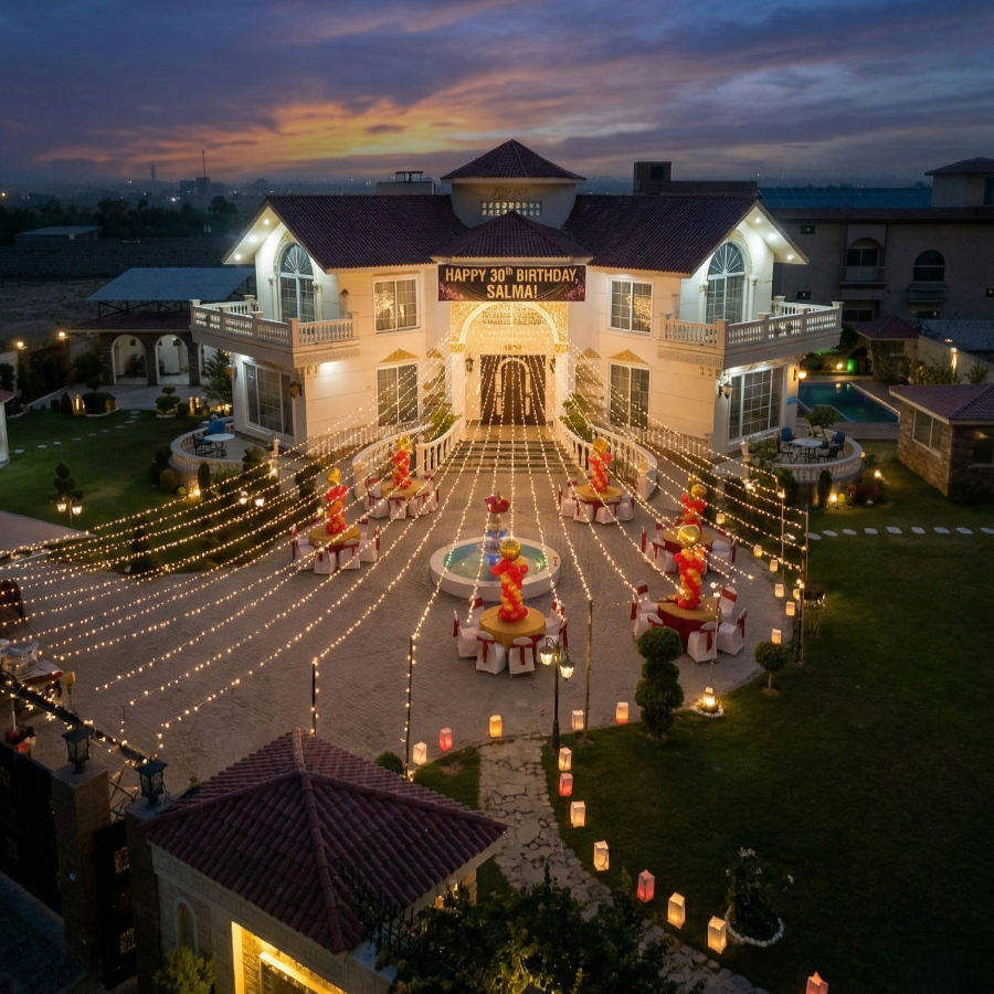 Elegant outdoor event setup at AH Royal Resort with lights and décor, perfect venue for bridal showers and pre-wedding celebrations