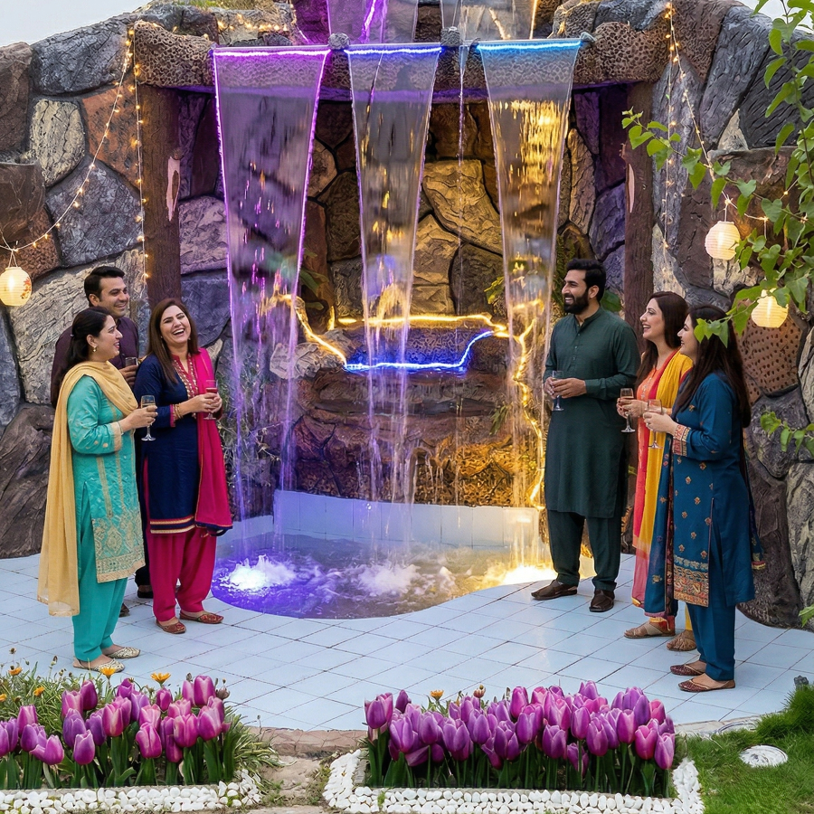 Friends enjoying bridal shower event near decorative waterfall at AH Royal Resort, ideal outdoor pre-wedding venue in Islamabad