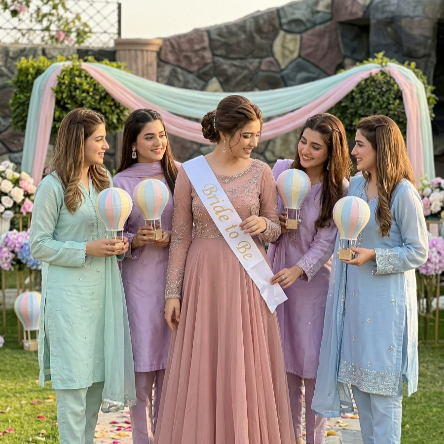Bride-to-be with friends holding decorative props at AH Royal Resort, perfect outdoor bridal shower and pre-wedding event venue in Islamabad