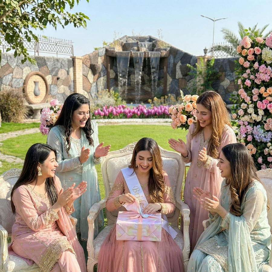 Bridal shower celebration at a luxury farmhouse venue in Islamabad with elegant floral décor and outdoor garden setup