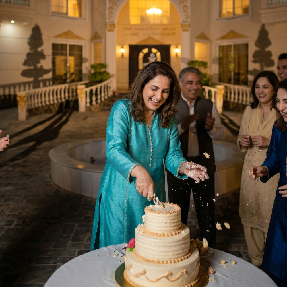 Birthday party venue near Islamabad with cake cutting, luxury villa backdrop, fountain courtyard, and evening celebration