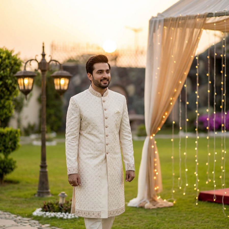 Groom in elegant sherwani standing in a decorated garden setup at AH Royal Resort Islamabad for a classic nikkah photoshoot