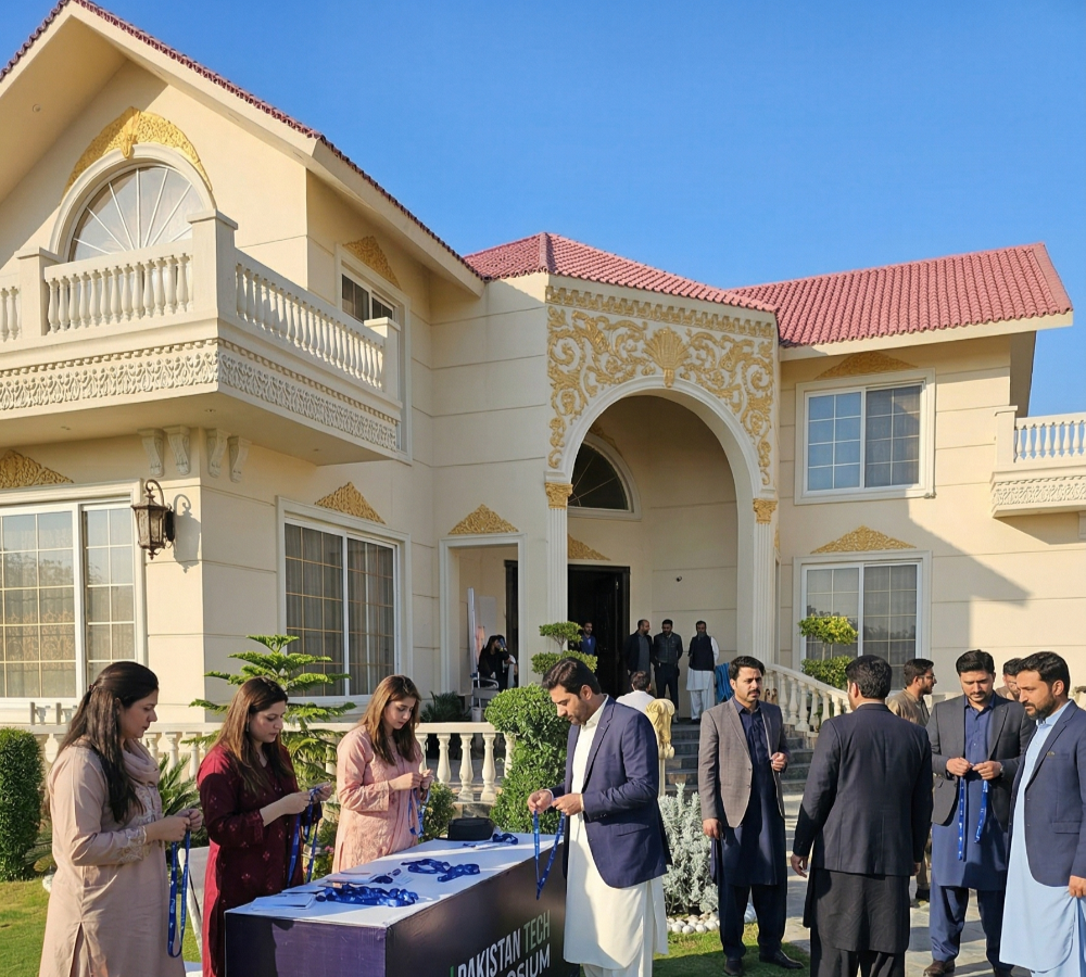 Corporate team preparing event registration at luxury Islamabad venue, ideal for professional business photoshoots and branding