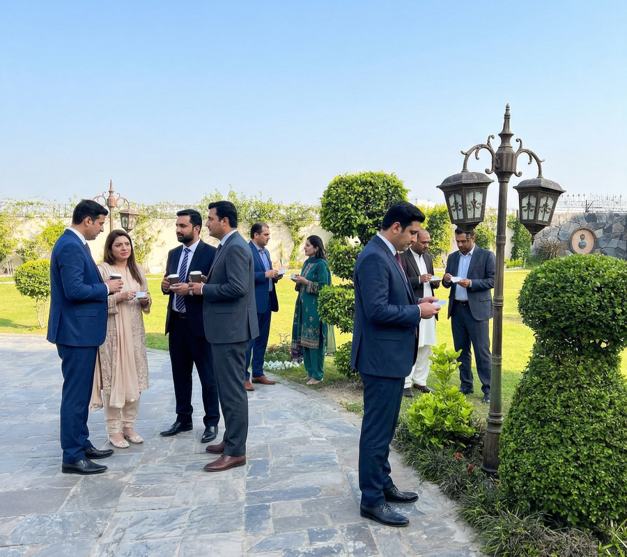 Corporate professionals networking at luxury Islamabad venue, ideal for business photoshoots, team branding, and executive events