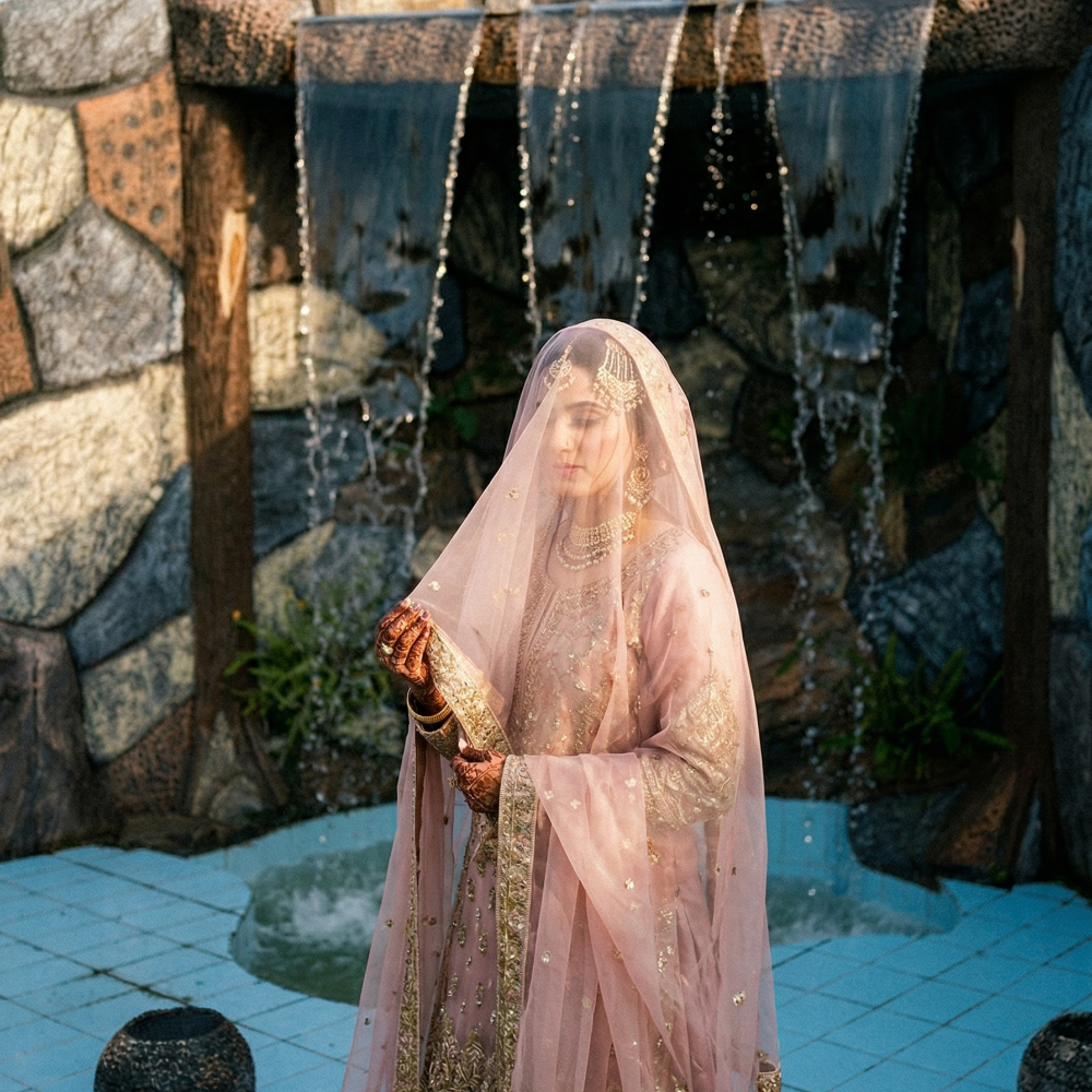 Bride in elegant pink wedding attire posing beside a waterfall during a bridal photoshoot at AH Royal Resort