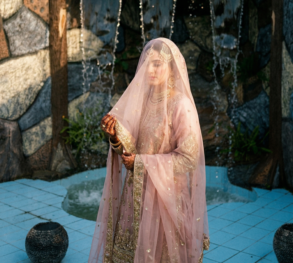 Bride in elegant traditional attire posing near waterfall feature, perfect outdoor family photoshoot location in Islamabad