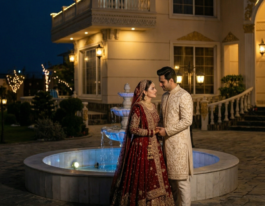 Bride and groom posing by a fountain at AH Royal Resort Islamabad during an elegant evening nikkah photoshoot