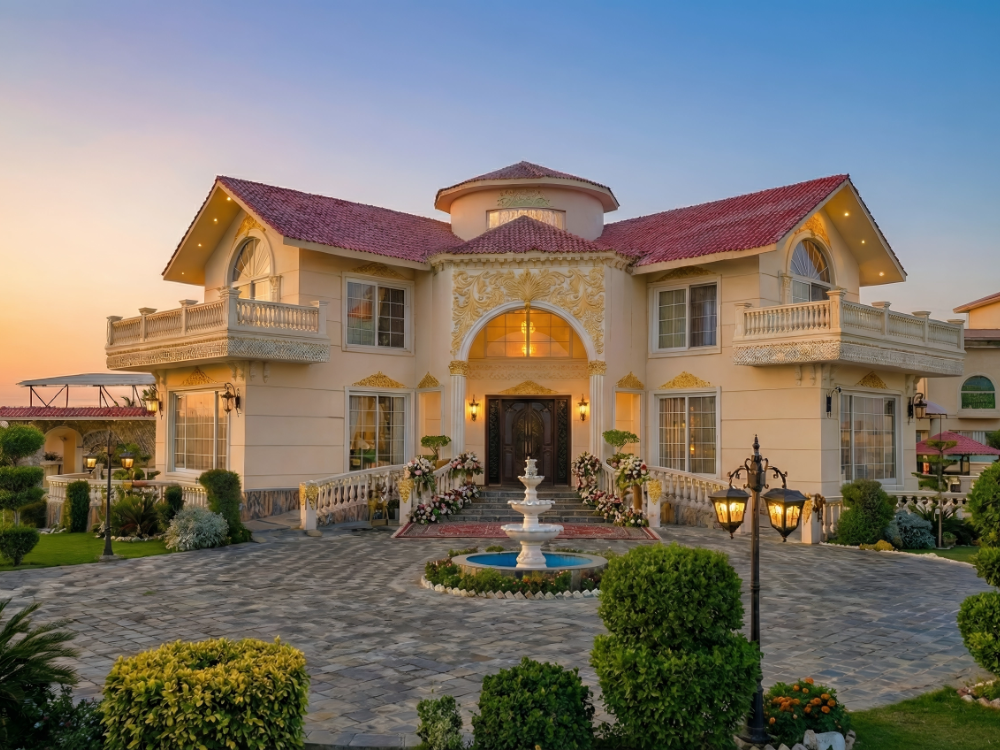 Luxury villa exterior at AH Royal Resort Islamabad with fountain and garden, ideal for elegant nikkah photoshoots and weddings