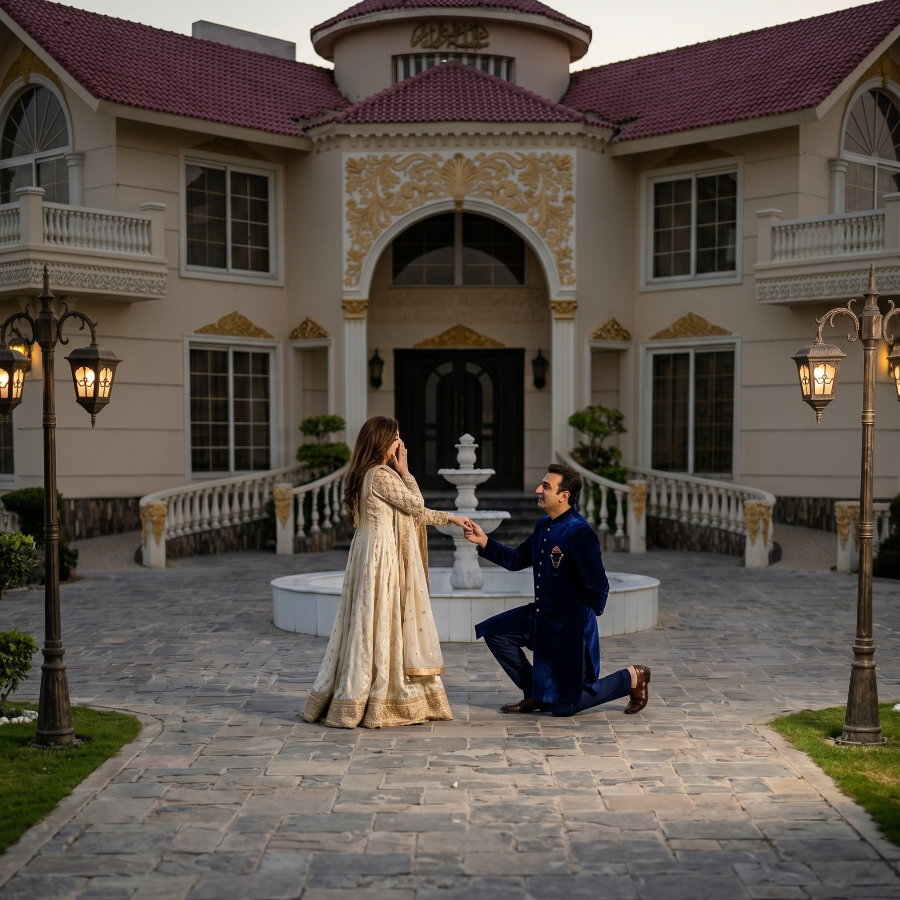 Romantic proposal during engagement photoshoot at AH Royal Resort Islamabad with couple in traditional attire outside luxury villa