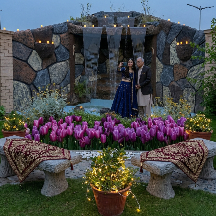 Engagement photoshoot at AH Royal Resort Islamabad with couple taking selfie near waterfall, tulip garden and evening decorative lights