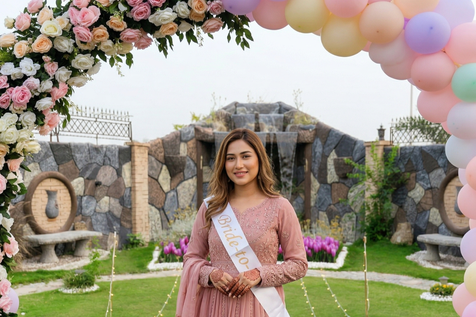 Luxury farmhouse garden near Islamabad decorated for a bridal shower with floral arch and elegant outdoor event setup