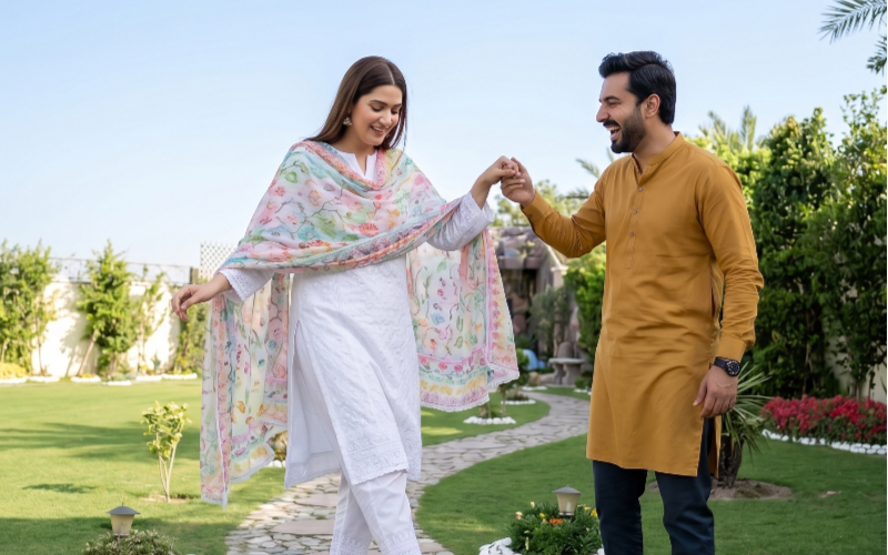 Happy couple walking hand in hand on a garden pathway during a romantic anniversary photoshoot at a farmhouse in Islamabad