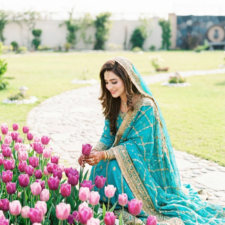 Bride in elegant traditional dress posing with flowers at luxury photoshoot venue near Islamabad garden setting