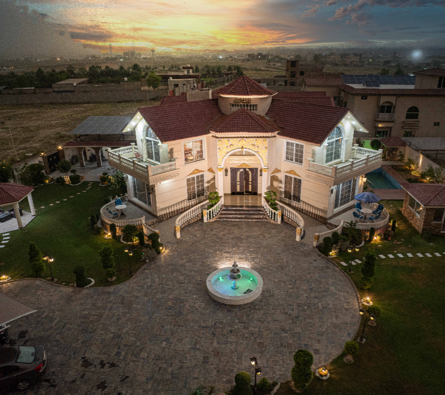 Luxury bridal shower venue near Islamabad featuring a royal farmhouse, elegant evening lighting, and private event space