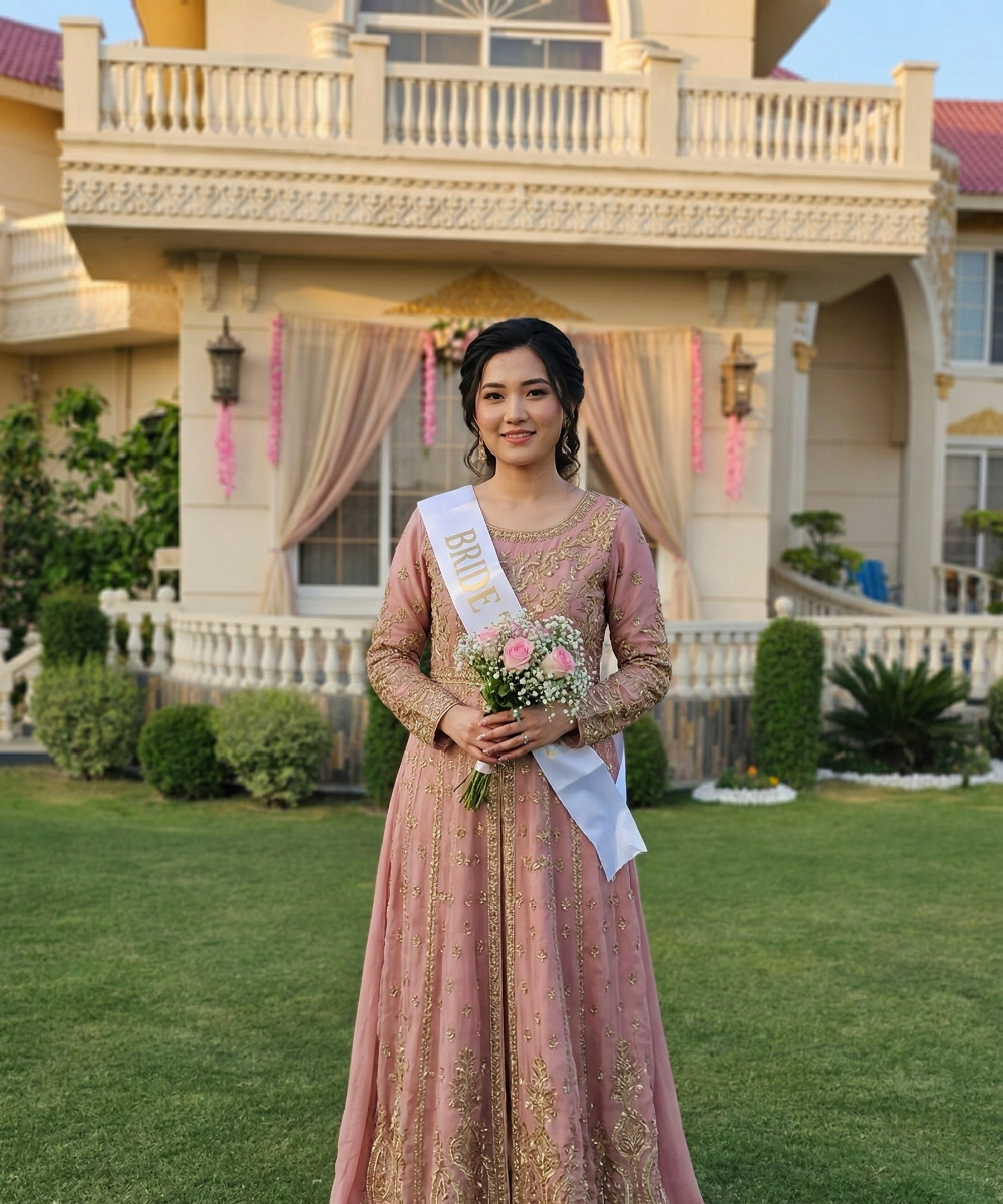 Bride posing at luxury farmhouse venue near Islamabad with elegant garden setting for weddings and private events