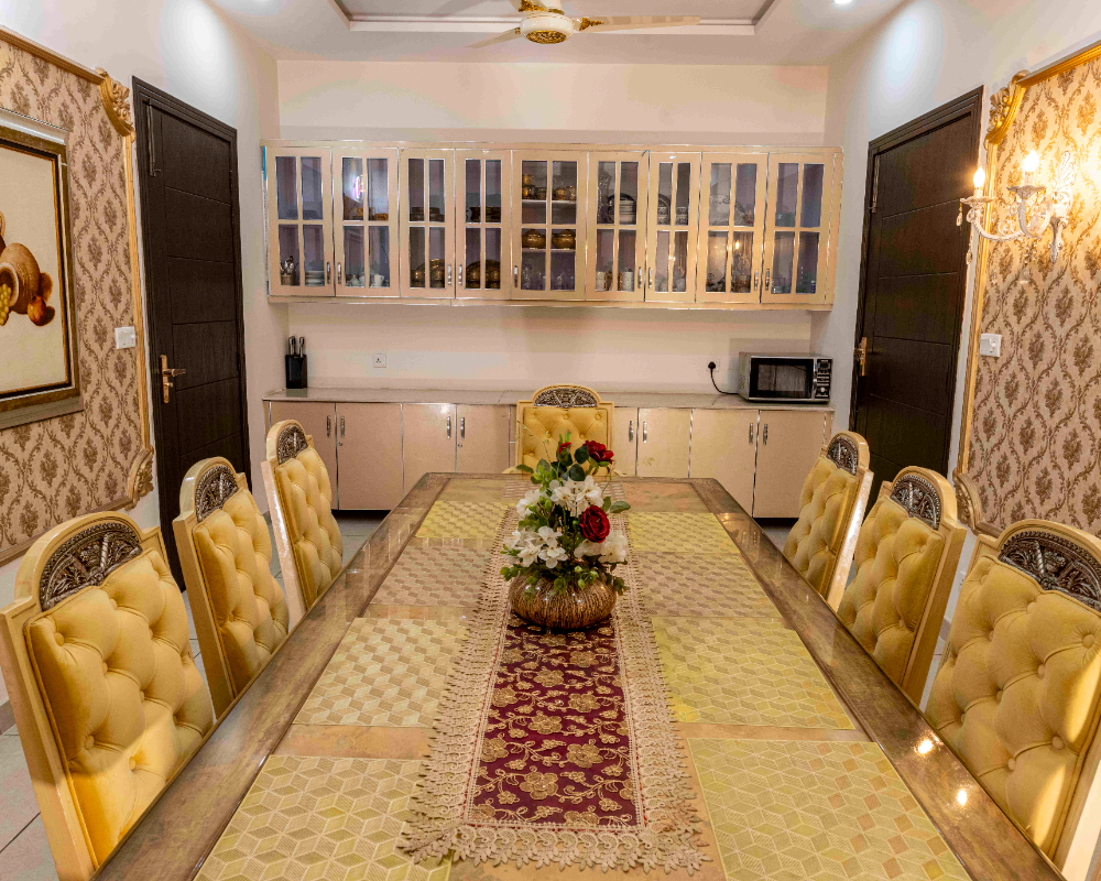 Elegant dining room at a luxury farm house in Islamabad for rent with premium interiors near Islamabad Airport.