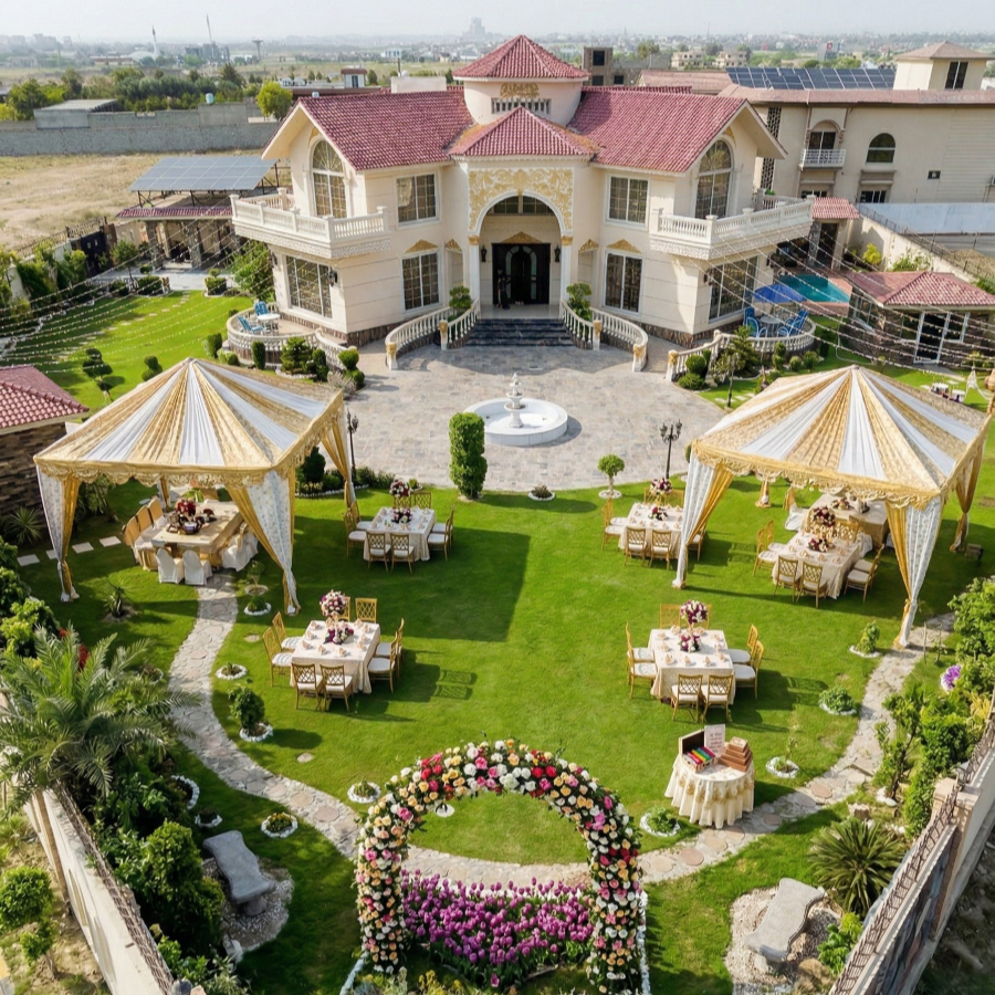 Aerial view of AH Royal Resort garden setup, a luxury small event venue in Islamabad for private outdoor celebrations