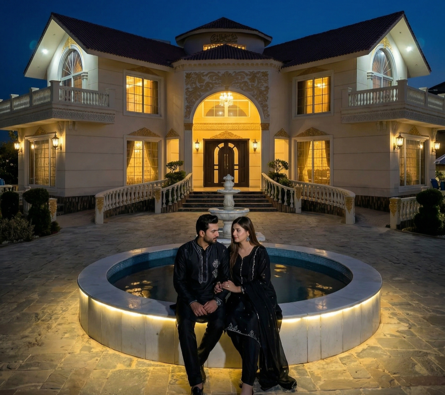 Couple sitting by fountain at AH Royal Resort, a luxury small event venue in Islamabad for private evening gatherings