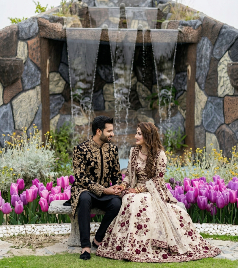 Couple in traditional wedding attire sitting by waterfall garden at luxury photoshoot venue near Islamabad
