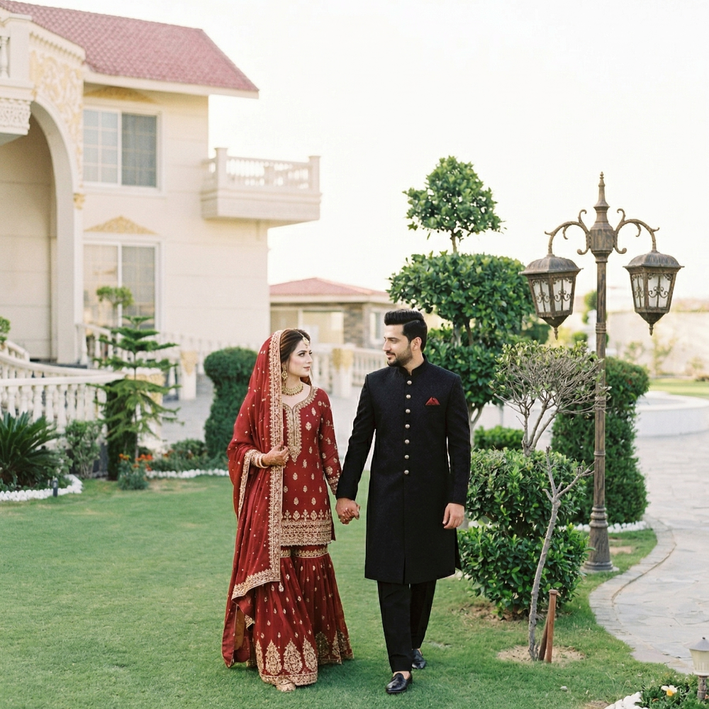 Couple walking through luxury farmhouse garden near Islamabad, showcasing elegant outdoor venue for weddings and events