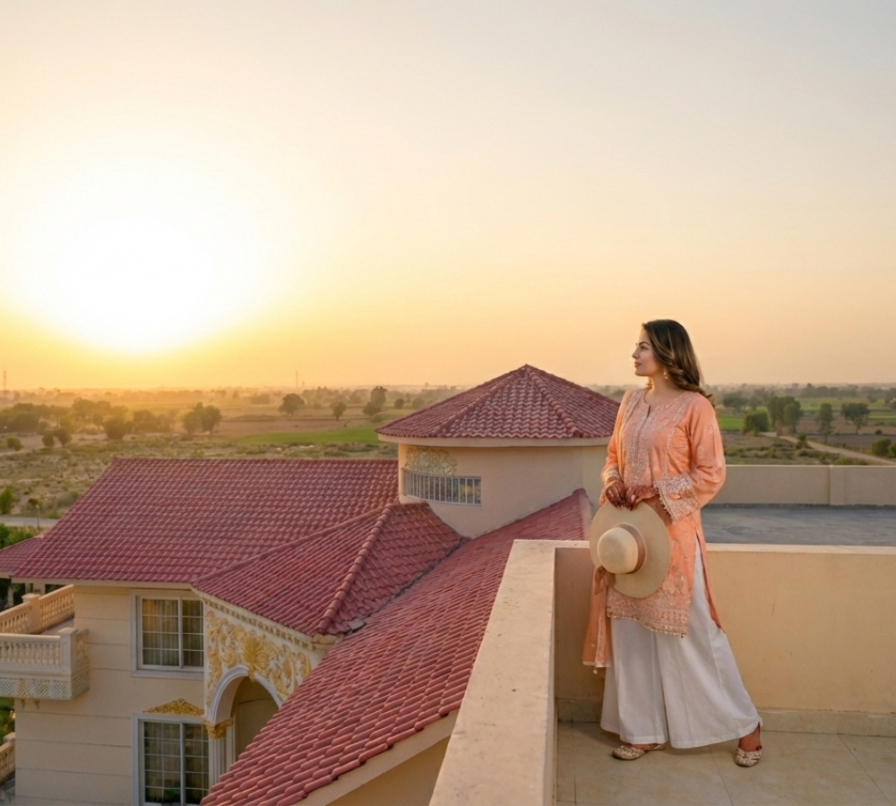 Model posing on rooftop at sunset in Islamabad during professional portfolio photoshoot at luxury farmhouse location