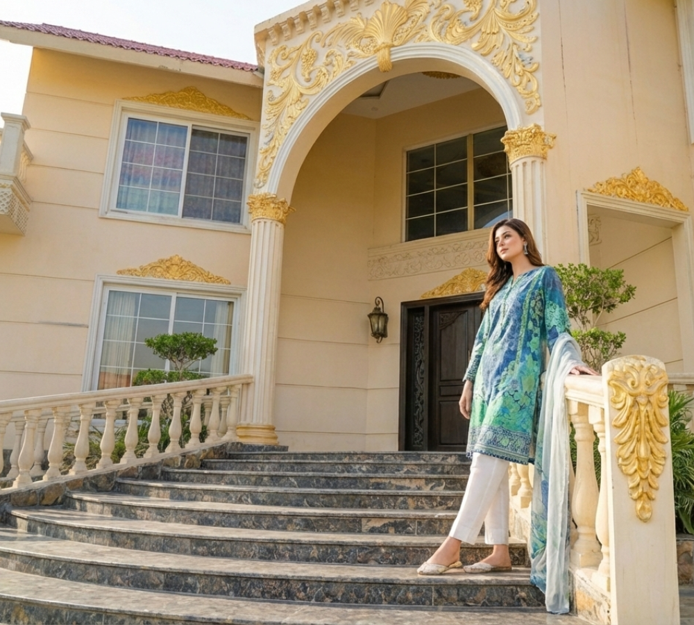 Female model posing on staircase of luxury farmhouse in Islamabad during professional model portfolio photoshoot session