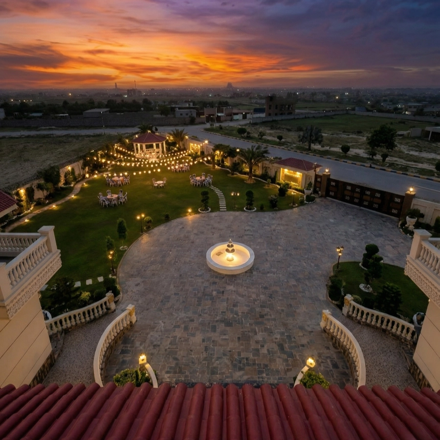 Aerial view of a beautifully lit garden venue at AH Royal Resort Islamabad, perfect for elegant nikkah photoshoots at sunset