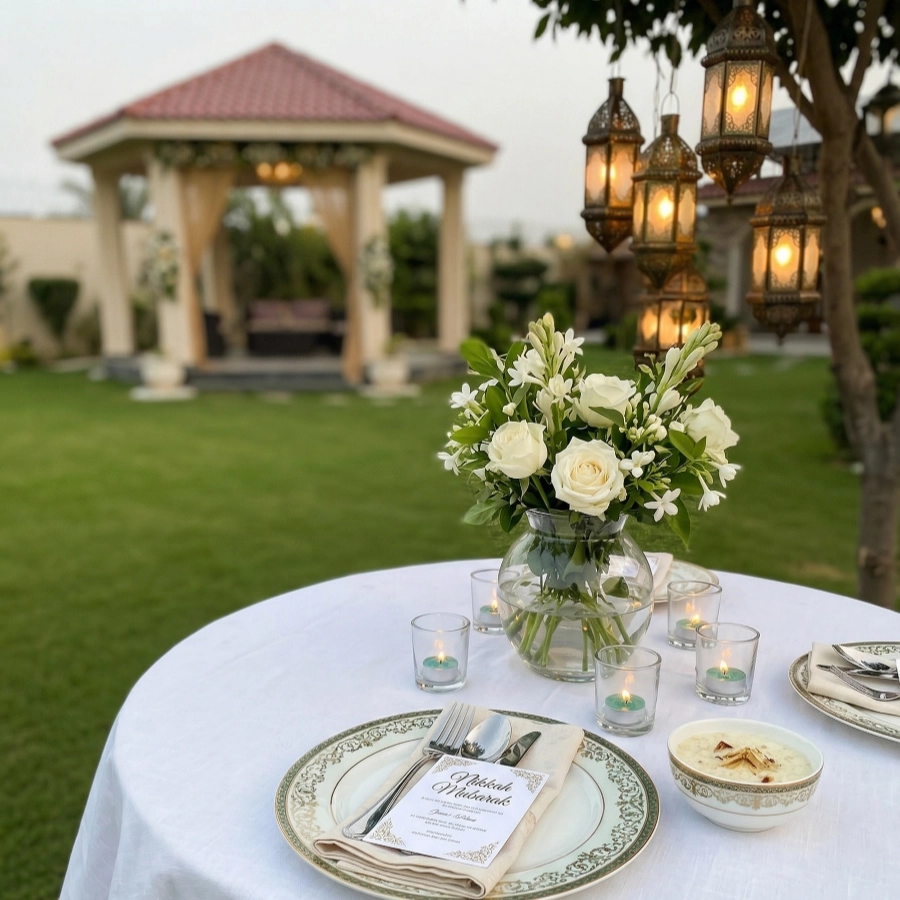 Elegant outdoor dining setup with flowers and lanterns at AH Royal Resort, perfect for intimate photoshoots in Islamabad