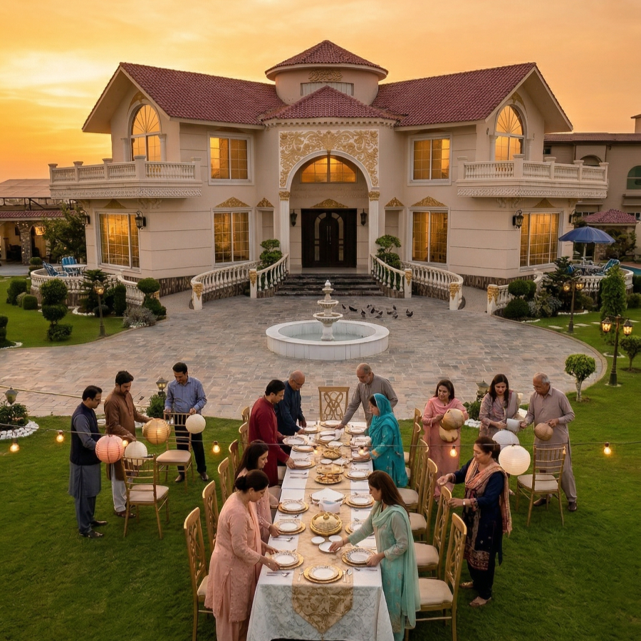 Outdoor engagement setup at AH Royal Resort Islamabad with family gathering, decorated dining table and luxury villa at sunset