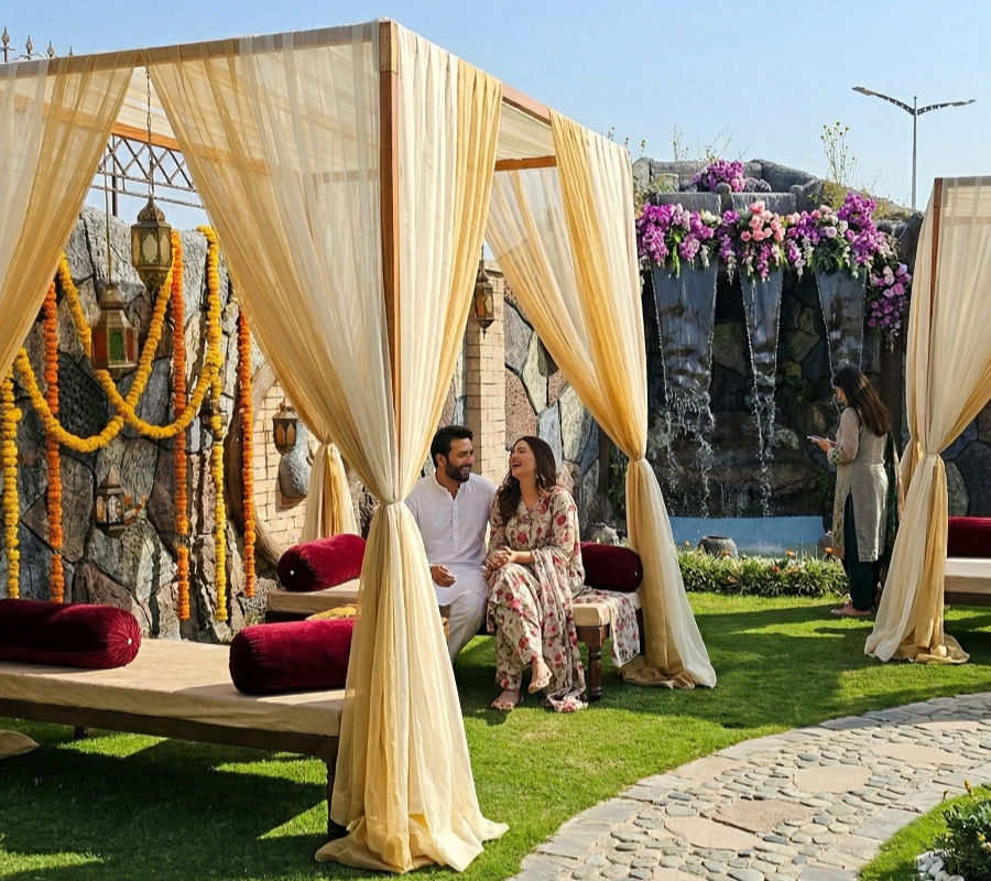 Couple sitting in decorated garden cabana at AH Royal Resort, a luxury small event venue in Islamabad for private gatherings