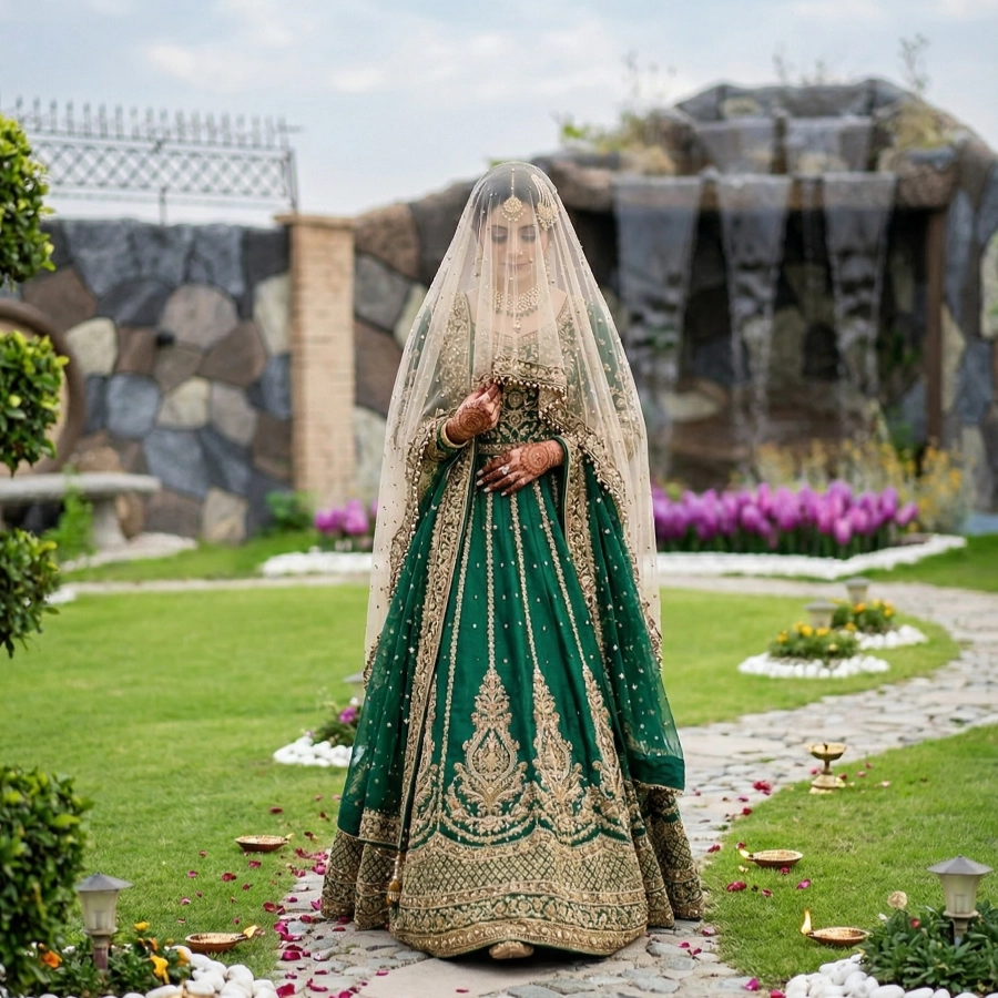 Bride in elegant green dress at private nikkah venue near Islamabad with garden pathway and waterfall backdrop setting