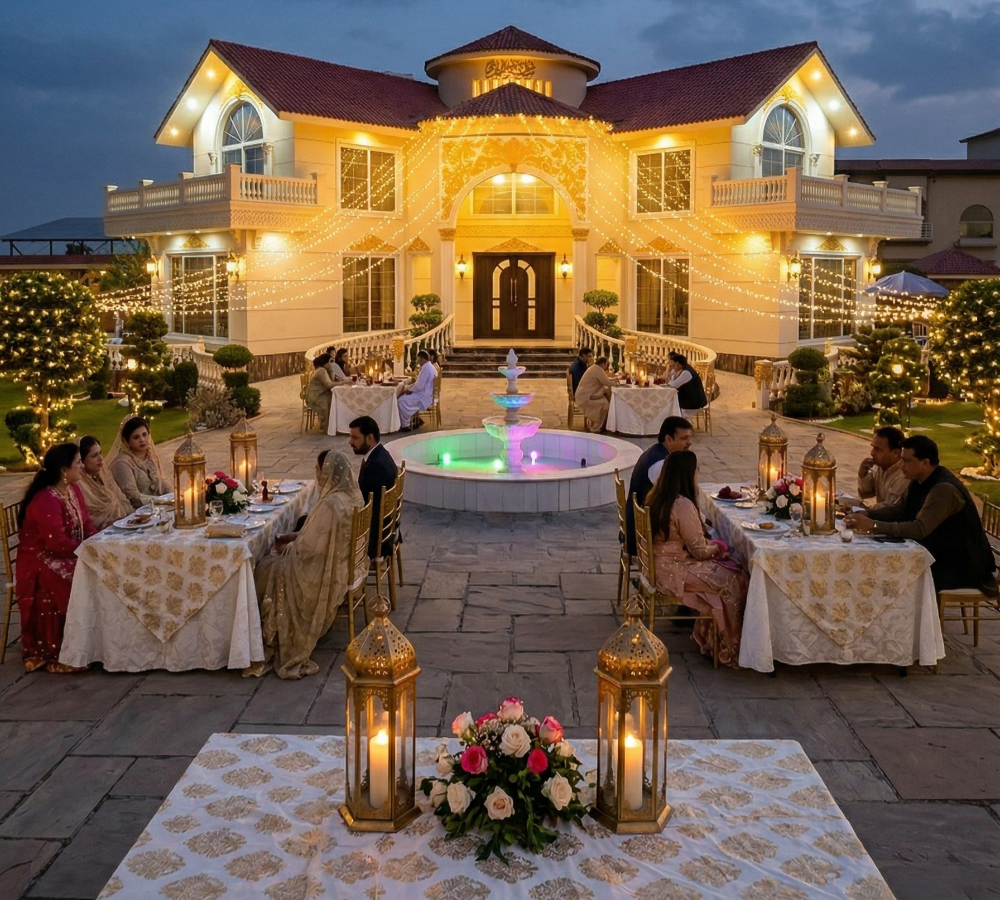 Private nikkah venue near Islamabad with elegant outdoor dining setup, fountain courtyard, and luxury lighting for intimate ceremonies