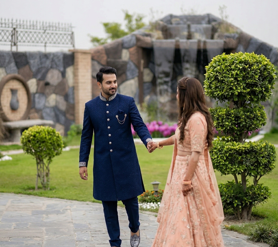 Couple walking in landscaped garden at AH Royal Resort, a luxury small event venue in Islamabad for private gatherings