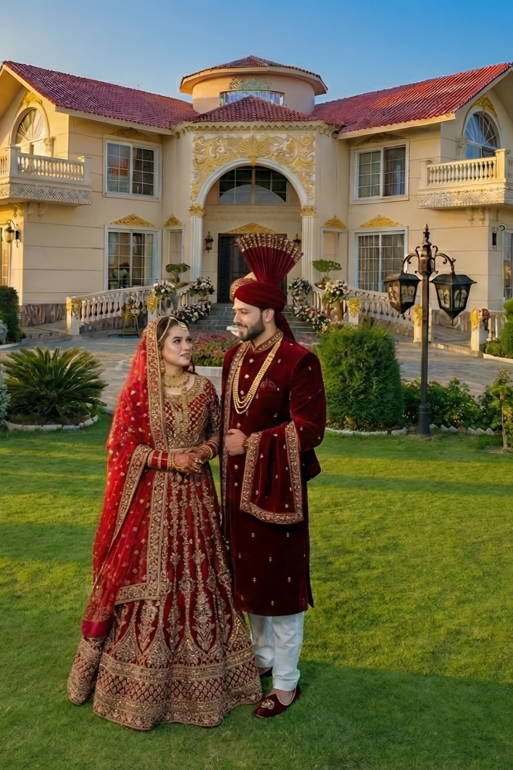 Couple in traditional wedding attire posing at AH Royal Resort, showcasing a romantic photoshoot for couples during their honeymoon.
