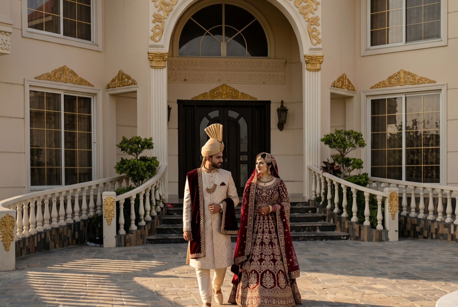 Bride and groom in traditional wedding attire at a luxury farmhouse venue in Islamabad with royal architecture backdrop